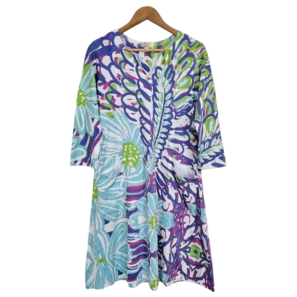 Atelier 5 By Gozde Yilmaz Colorful Floral Shift Dress Sz Large Blue Unique Basic - Picture 1 of 10